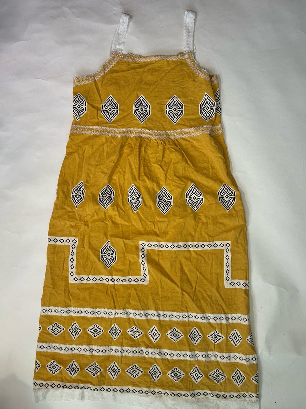 Women’s Mustard Yellow Printed Sundress with lace White Trim